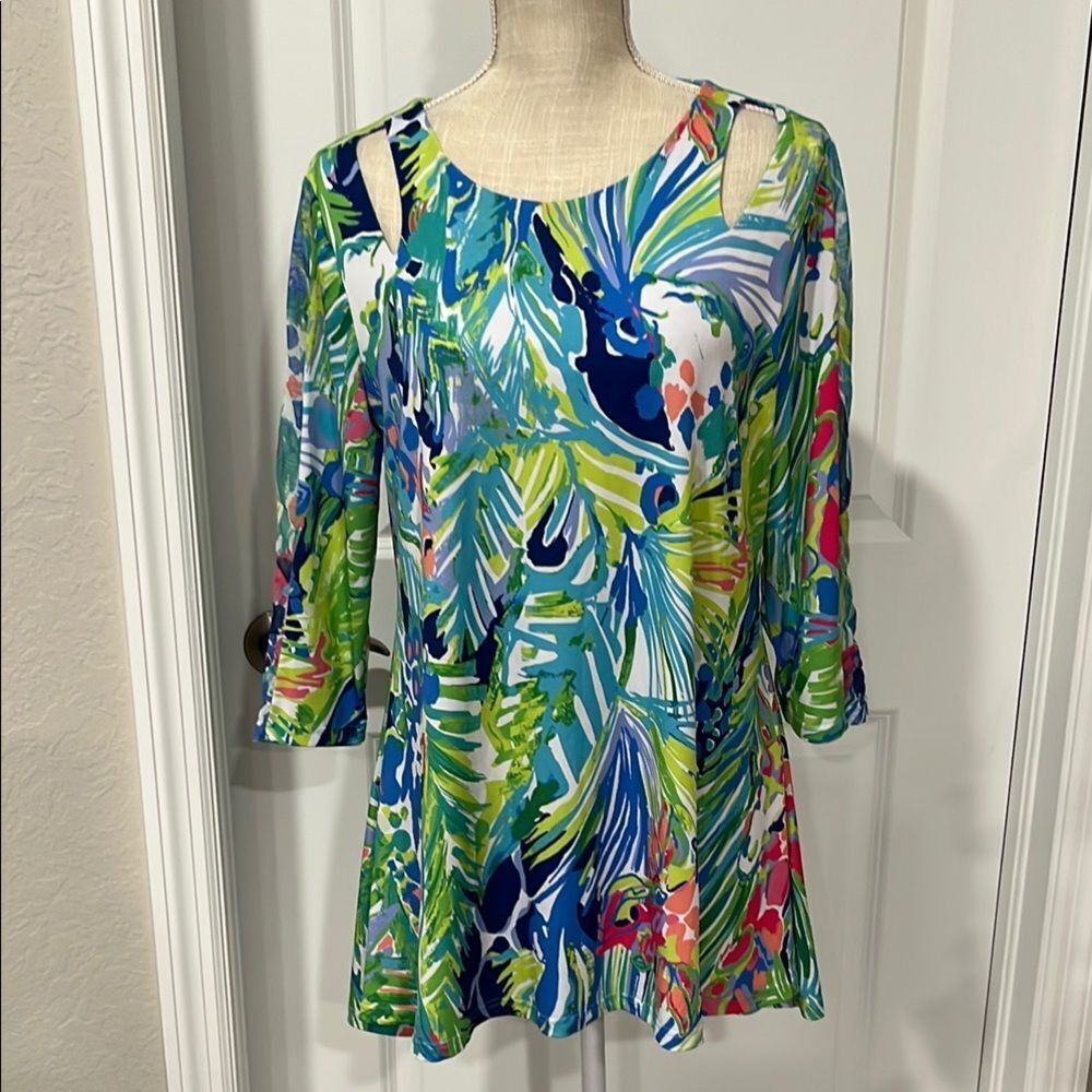 Pleats Collection Multi Tropical Mini Dress  Mesh Sleeve Panel Cut Out Detail